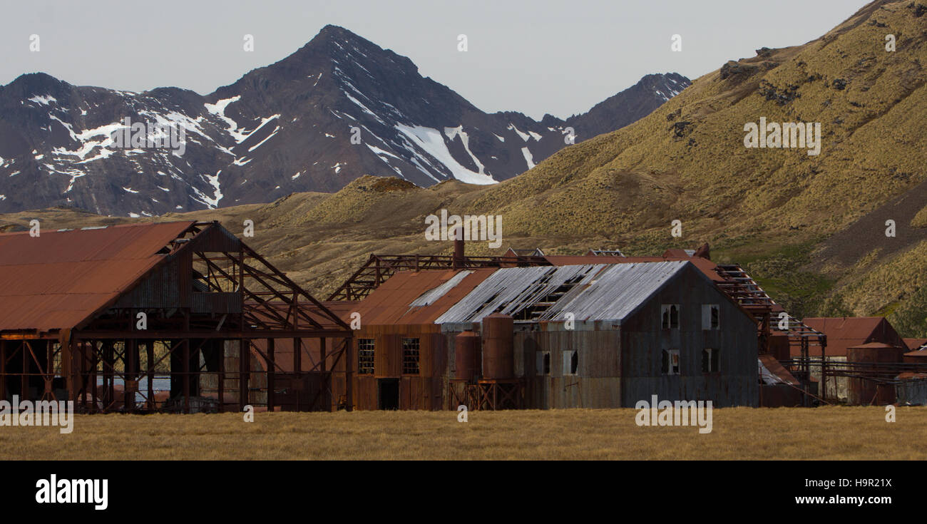 Old whaling station at Stromness harbor, South Georgia island Stock Photo