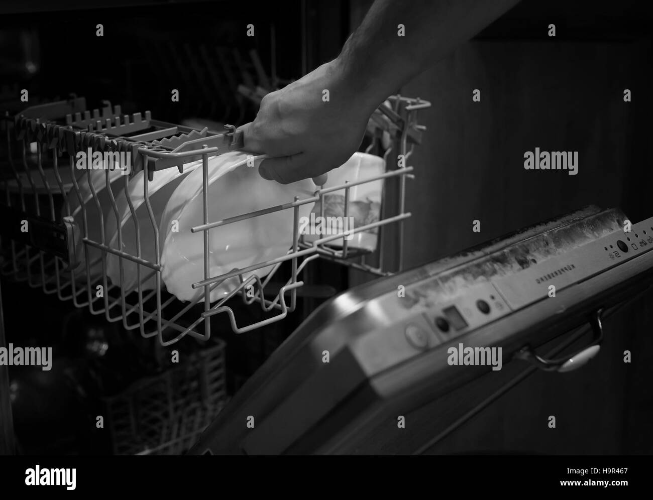 monochrome dishwasher door open Stock Photo Alamy