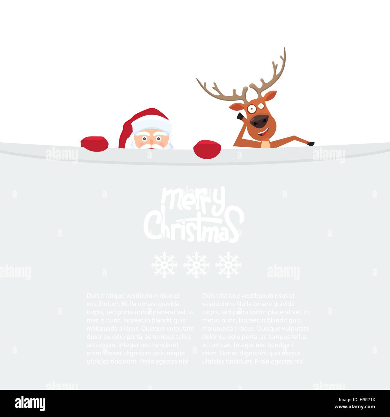 Cute cartoon Santa Claus and reindeer looking behind blank billboard. Stock Vector
