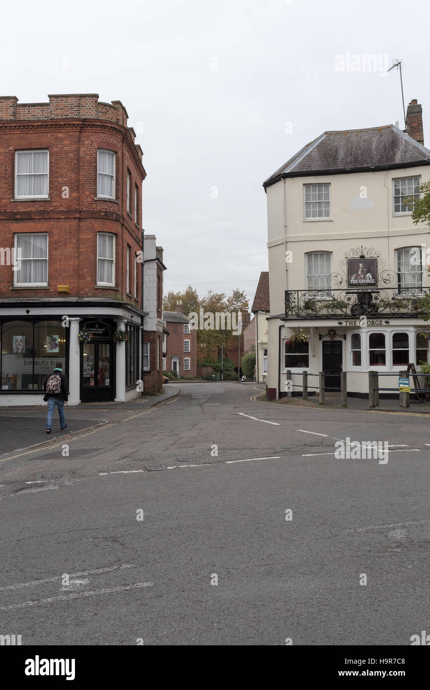 Winslow, Buckinghamshire, United Kingdom, October 25, 2016: Beauty bar and The George pub on Market square on grey chilly morning, Winslow. Stock Photo