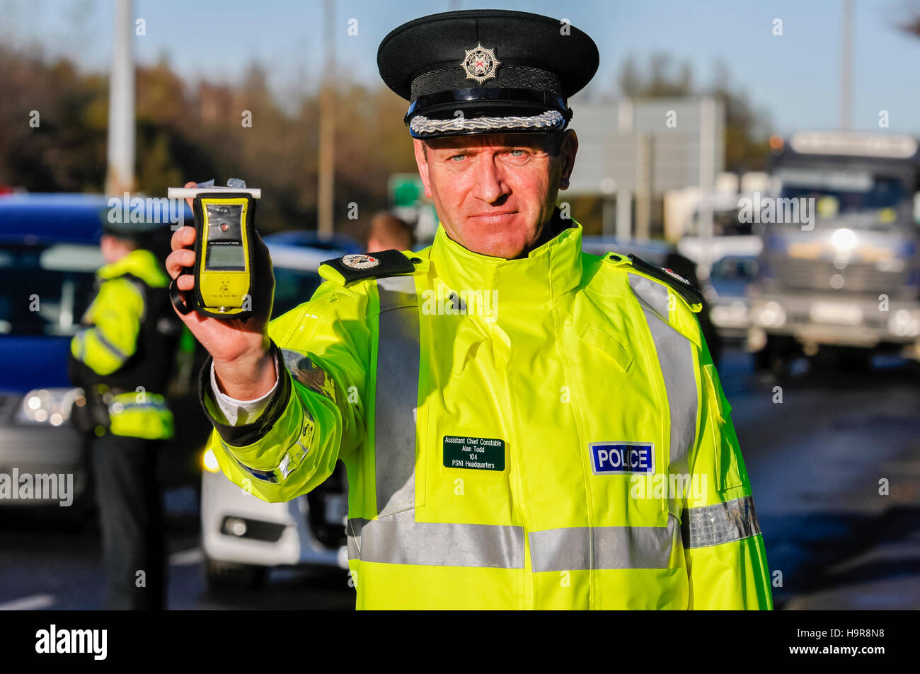 Belfast, Northern Ireland. 24 Nov 2016 - PSNI launch their new winter drink-driving operation.  Assistant Chief Constable Alan Todd explained, 'Our basic message remains the same: there is no safe limit so never EVER drink and drive.'  It coincides with new legislation which gives PSNI Officers the power to stop and breathalise any driver, not just those whom they suspect of drink driving. Credit:  Stephen Barnes/Alamy Live News Stock Photo