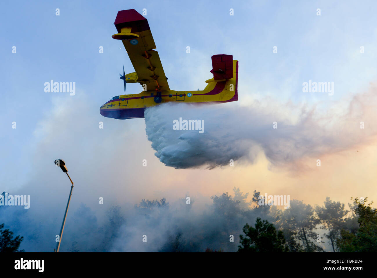 Haifa, Israel. 24th Nov, 2016. A plane tries to extinguish a fire in Haifa, Israel, Nov. 24, 2016. Fires on Thursday forced a widespread evacuation in Haifa. Tens of thousands of residents were forced to evacuate from around 11 neighborhoods in Haifa, along with Haifa University and many businesses. © JINI/Xinhua/Alamy Live News Stock Photo