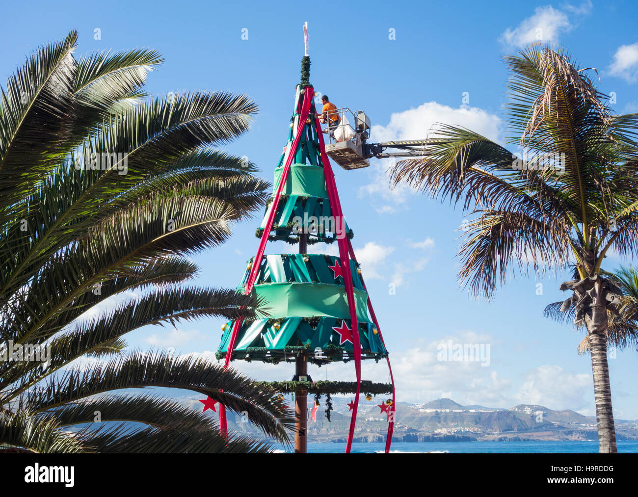 Las Palmas, Gran Canaria, Canary Islands, Spain. 25th November, 2016. Weather: A glorious Friday morning on the city beach in Las Palmas as the beach Christmas tree is decorated and mid morning temperatures hit 27 degrees Celcius. Gran Canaria is a popular winter sun destination for many from the UK.  Las Palmas was ranked as the city with the best climate in the world in a 1996 scientific study called ‘Pleasant Weather Ratings’, by Thomas Whitmore, director of research on climatology at Syracuse University, New York. Credit:  Alan Dawson News/Alamy Live News Stock Photo