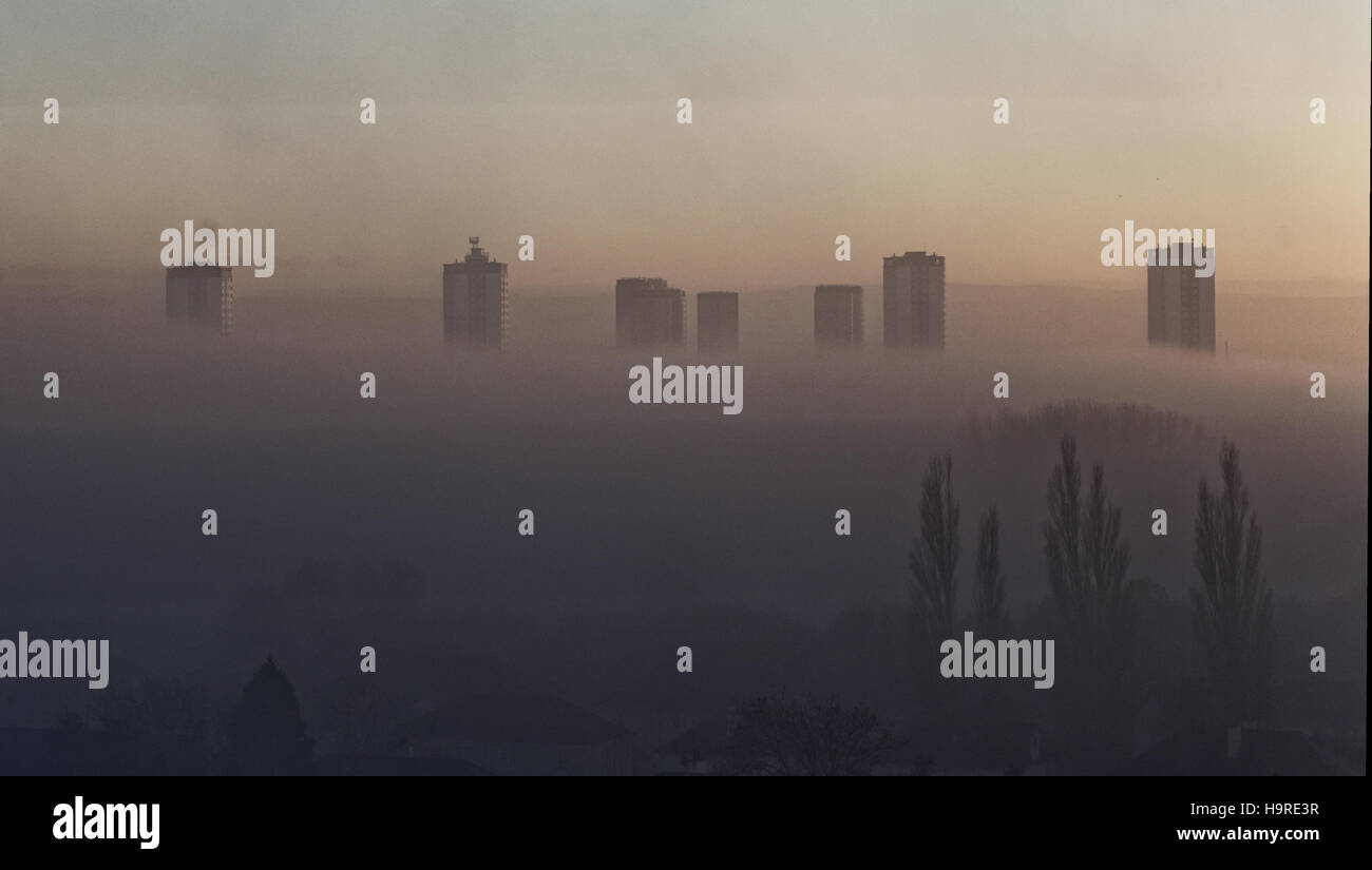 Glasgow fog misty conditions panorama Stock Photo - Alamy