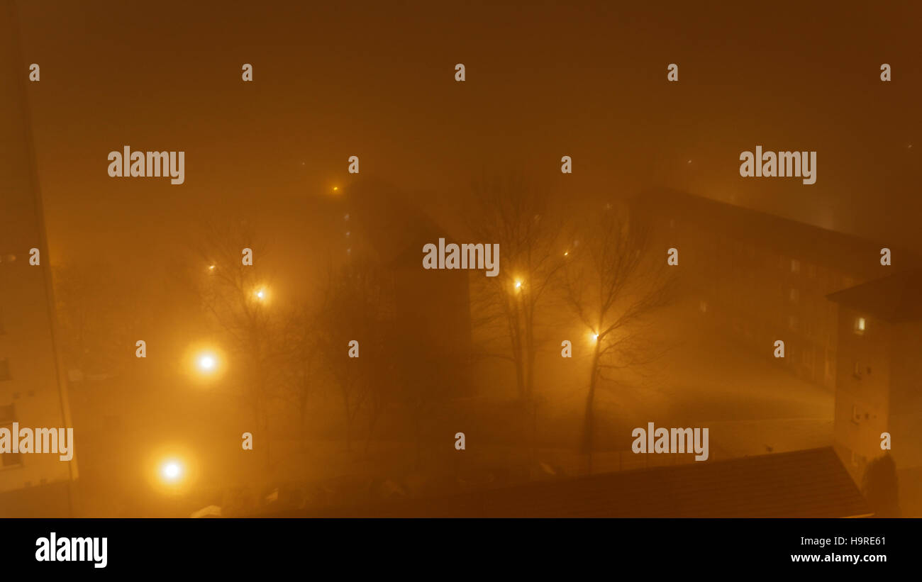 night Glasgow fog misty conditions tenements on housing estate after ...