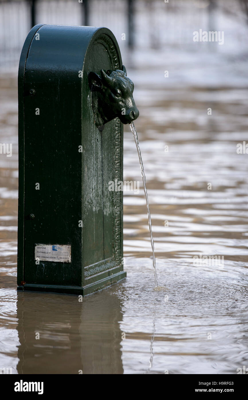 Turin, Italy. 25 november 2016: A public fountain (called 'toret' due to its shape typical of Turin city) is submerged in the water  after flood of Po river due to bad weather in Turin. Credit:  Nicolò Campo/Alamy Live News Stock Photo