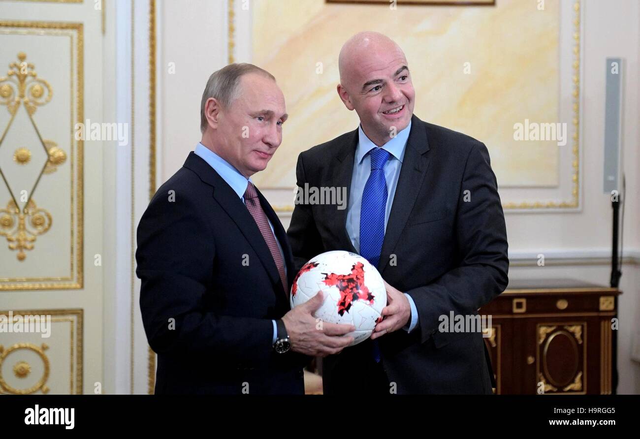 Moscow, Russia. 25th Nov, 2016. Russian President Vladimir Putin, left, during a meeting with FIFA president Giovanni Infantino, at the Kremlin November 25, 2016 in Moscow, Russia. Credit:  Planetpix/Alamy Live News Stock Photo