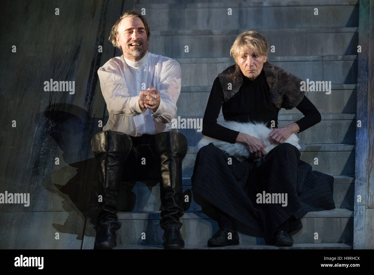 Hamburg, Germany. 23rd Nov, 2016. The actor Jens Harzer as Hauke Haien and Barbara Nuesse as Trin Jans stand on stage of the Thalia Theatre for the photo rehearsal of the play 'Der Schimmelreiter' (lit. 'The rider of the white horse') in Hamburg, Germany, 23 November 2016. The play by Th. Storm and J. Simons will have its premiere on the 25 November 2016. © dpa/Alamy Live News Stock Photo