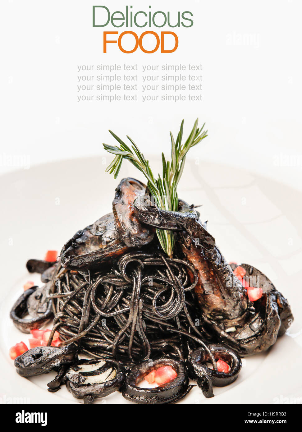 Italian cuisine squid ink spaghetti and seafood Stock Photo - Alamy