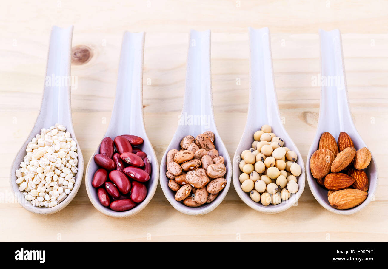 Assortment of beans and lentils in spoon on wooden background. a Stock Photo