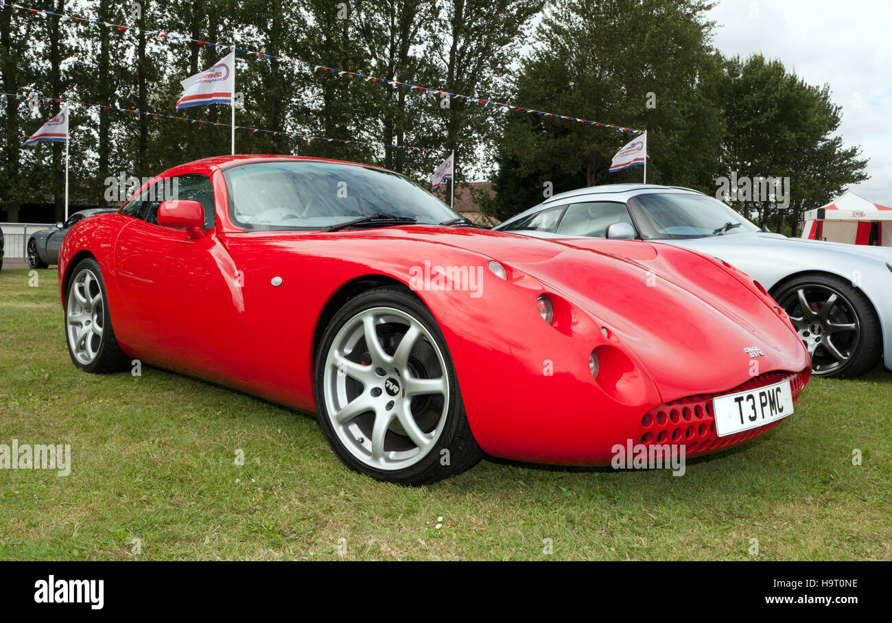 Three-quarter  view of a 2001, TVR Tuscan on display  in the TVR Car Club Zone of the 2016 Silverstone Classic Stock Photo