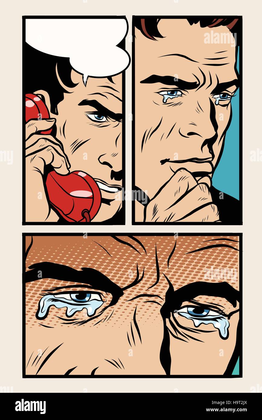 Comic storyboard man on the phone and cries, pop art retro vector illustration. Human emotions. Modern technology. Love and romance Stock Vector