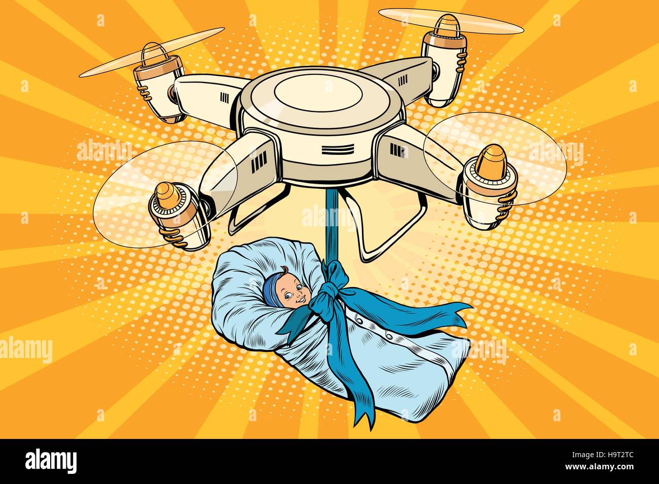 Drone quadcopter delivery of a newborn baby, pop art retro vector illustration. The concept of artificial insemination, maternity, birth and birthday Stock Vector