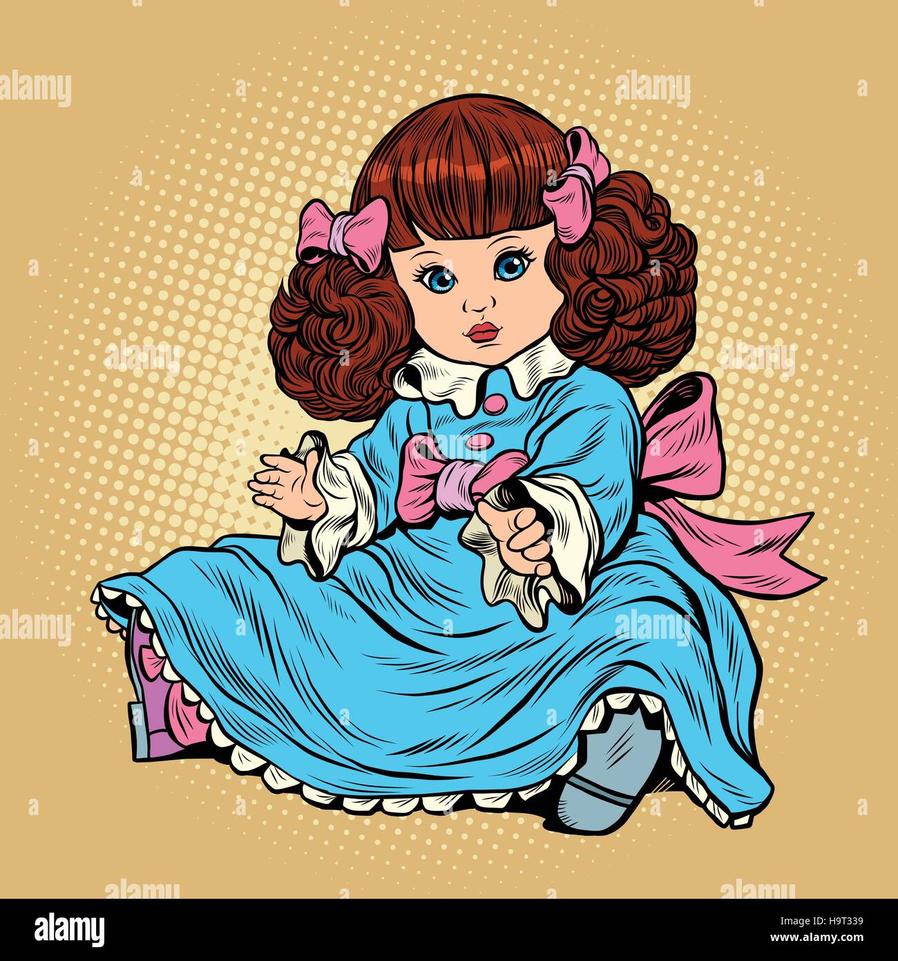 Beautiful retro girl doll, pop art vector illustration. Womens toys. Childrens store. Gift for birthday Stock Vector