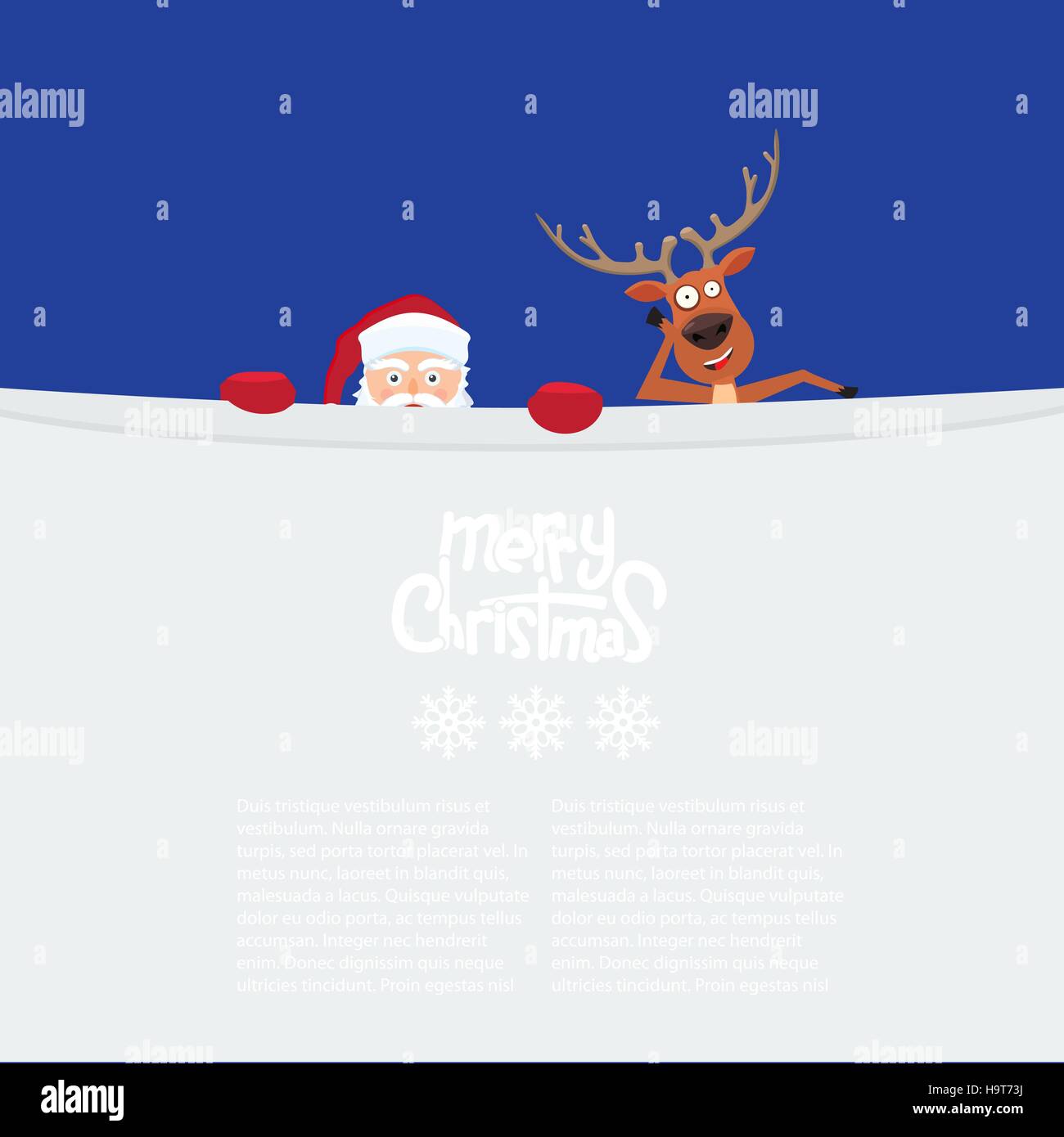 Cute cartoon Santa Claus and reindeer looking behind blank billboard. Stock Vector