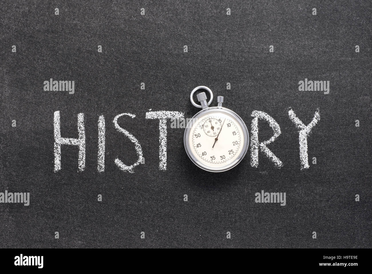 history word handwritten on chalkboard with vintage precise stopwatch