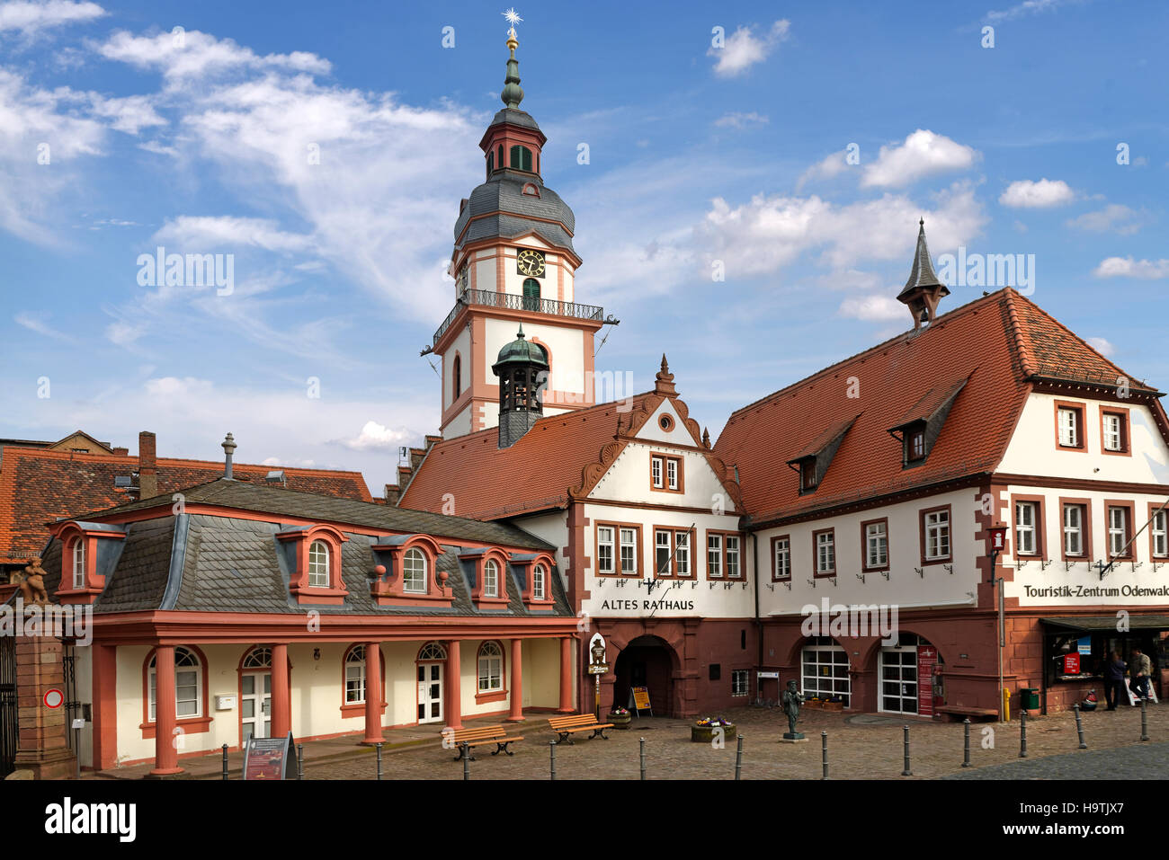 City Hall and Protestant Church, Erbach, Odenwald, Hesse, Germany Stock