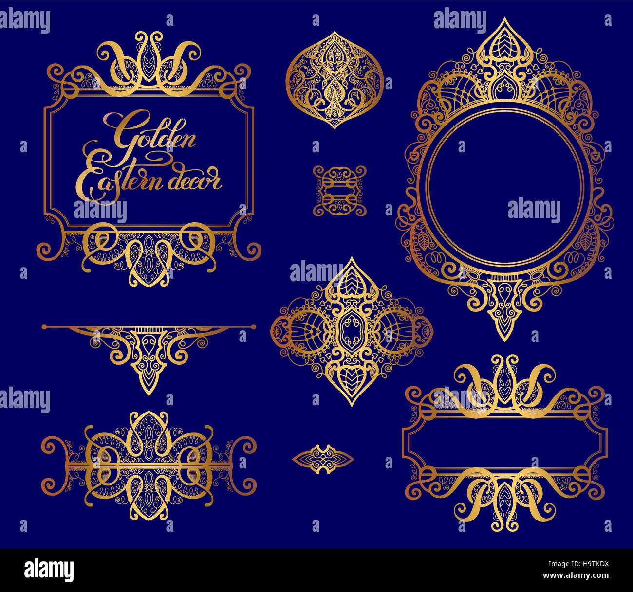 set of floral golden eastern decor frame elements, paisley patte Stock ...