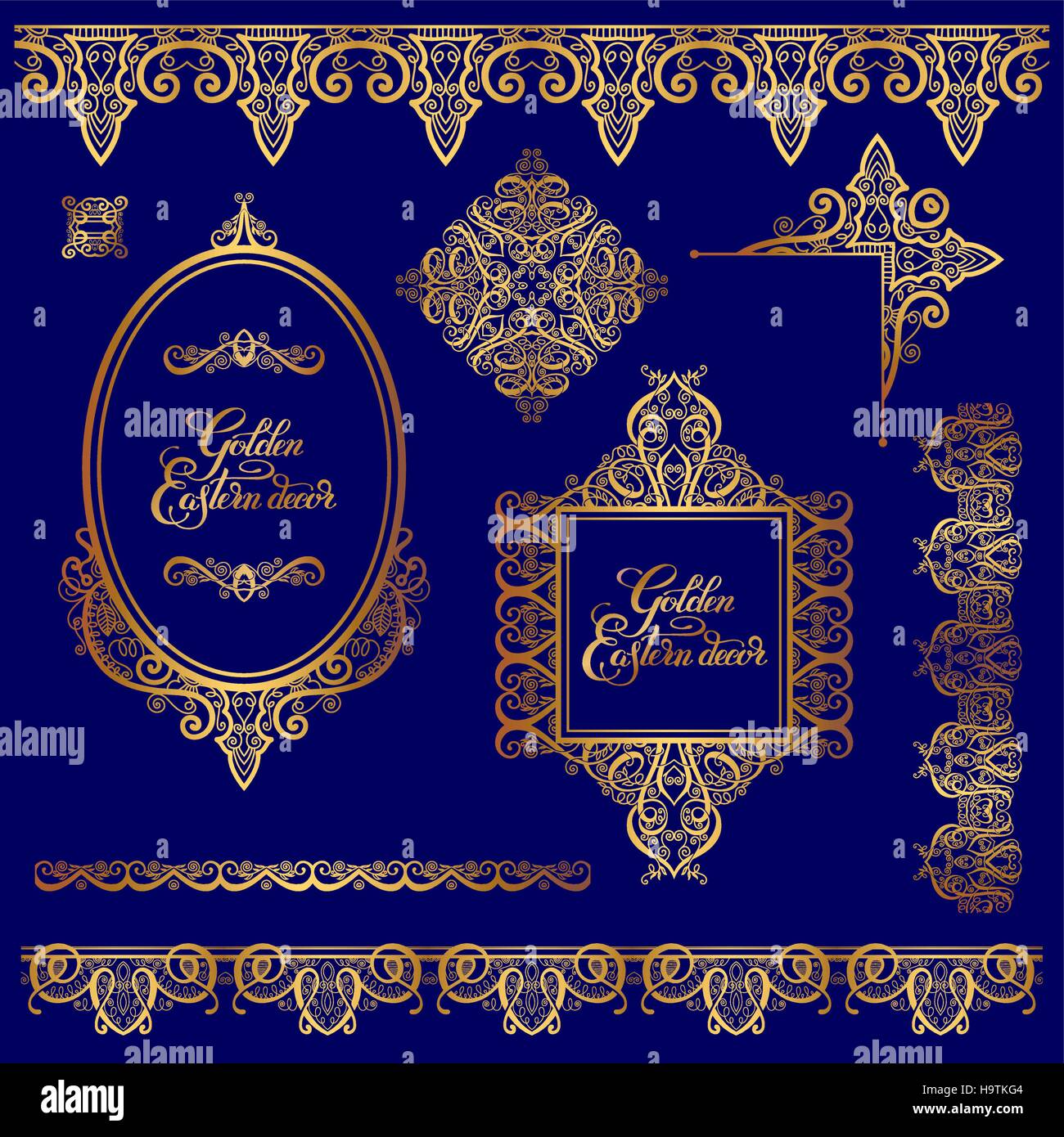 set of floral golden eastern decor frame elements, paisley patte Stock ...