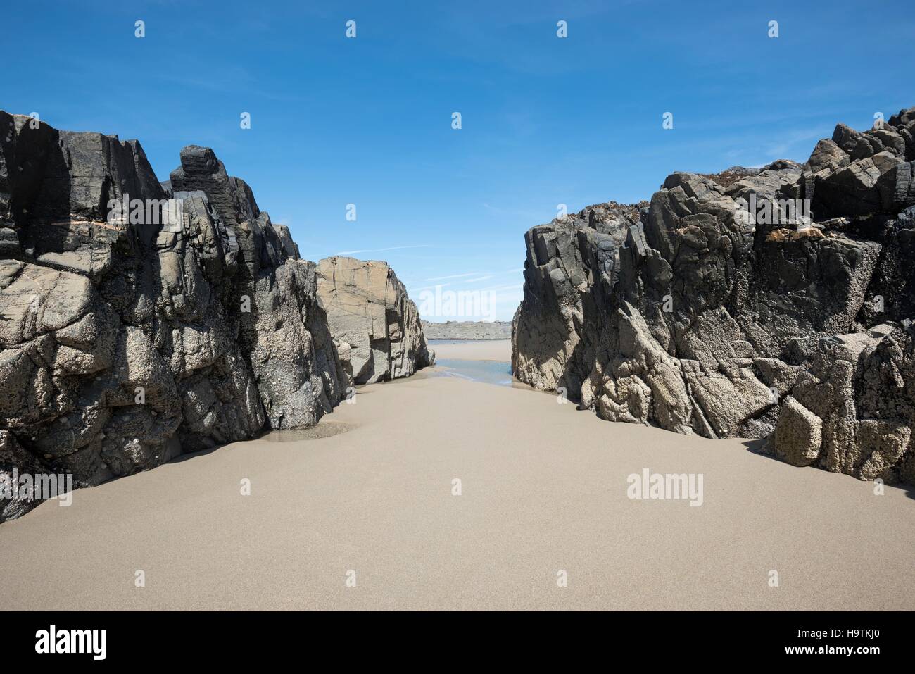 Rock Formation on the sandy beach Saligo Bay, Isle of Islay, Inner Hebrides, Scotland, United Kingdom Stock Photo