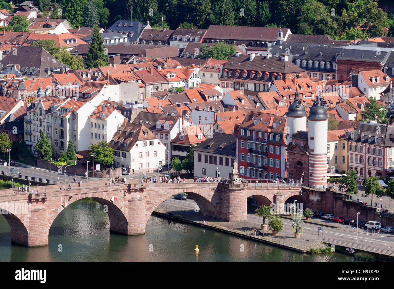 Karl Theodor Bridge and Gate over the Neckar River in Heidelberg, Baden-Württemberg, Germany Stock Photo