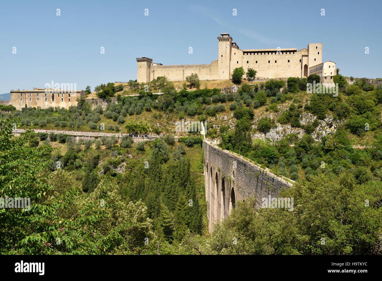 The Tower's Bridge with the Rocca Albornoziana fortress, Spoleto, Umbria, Italy Stock Photo