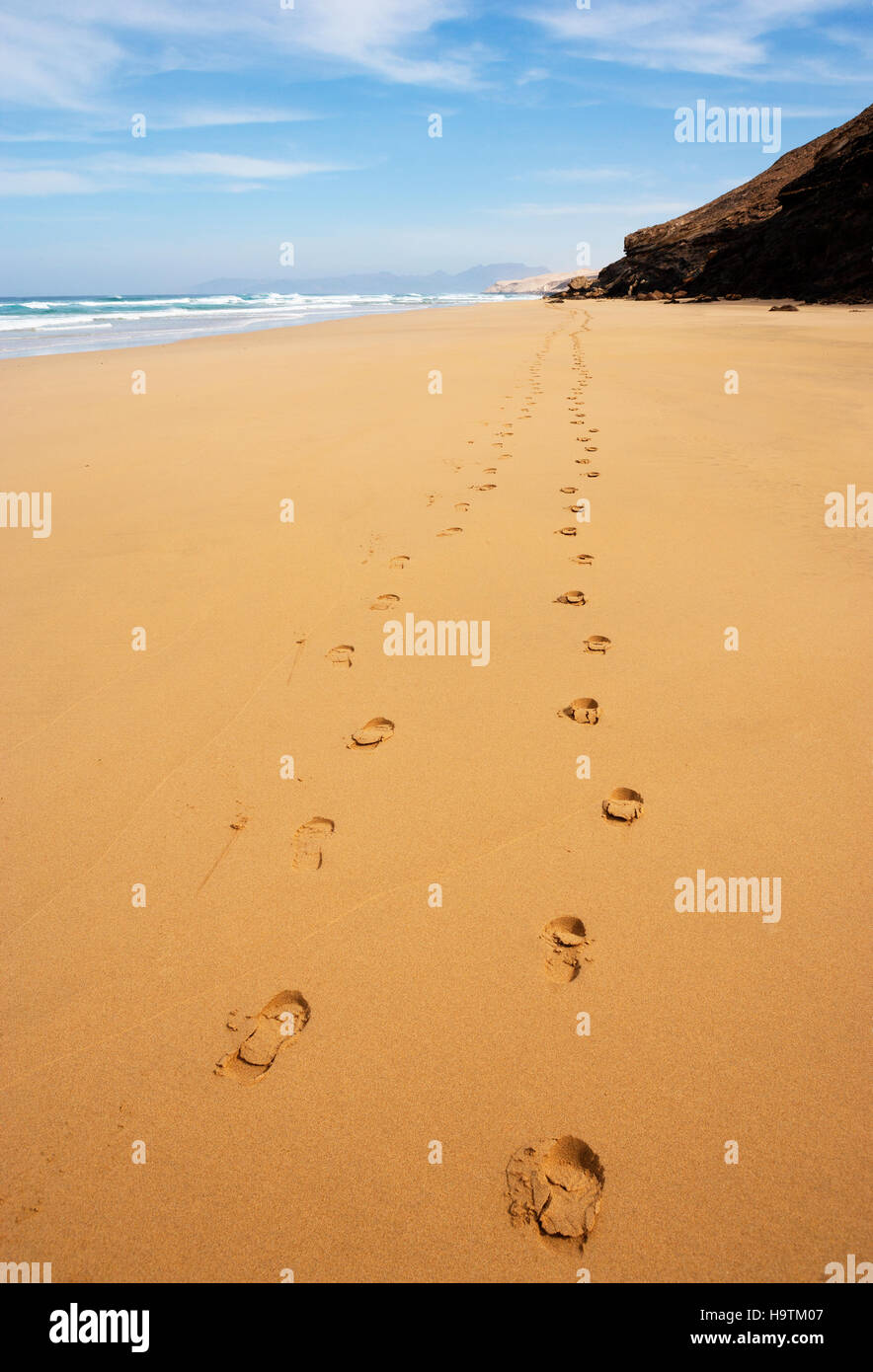 Footprints in the sand, beach of Barlovento, north coast, Jandia, Fuerteventura, Canary Islands, Spain Stock Photo