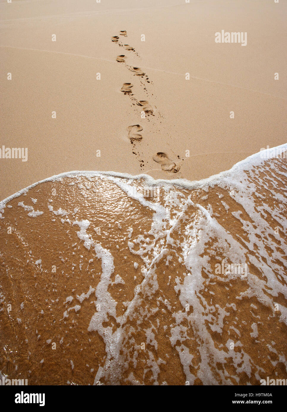 Surf, footprints in the sand, beach of Barlovento, north coast, Jandia, Fuereteventura, Canary Islands, Spain Stock Photo
