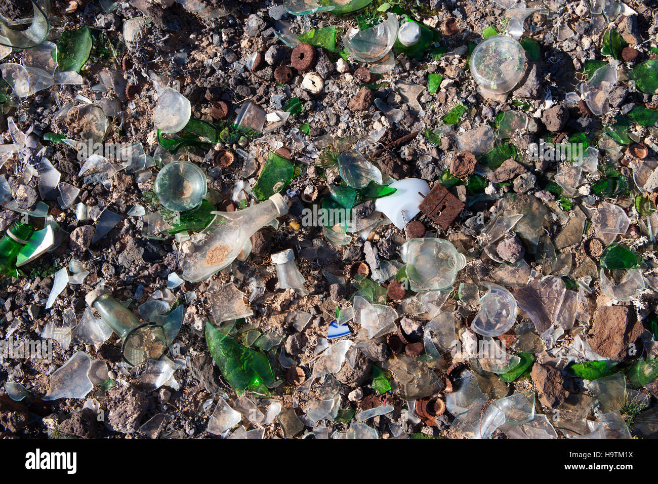Broken glass and scrap metal at a dump, Fuerteventura, Canary Islands, Spain Stock Photo