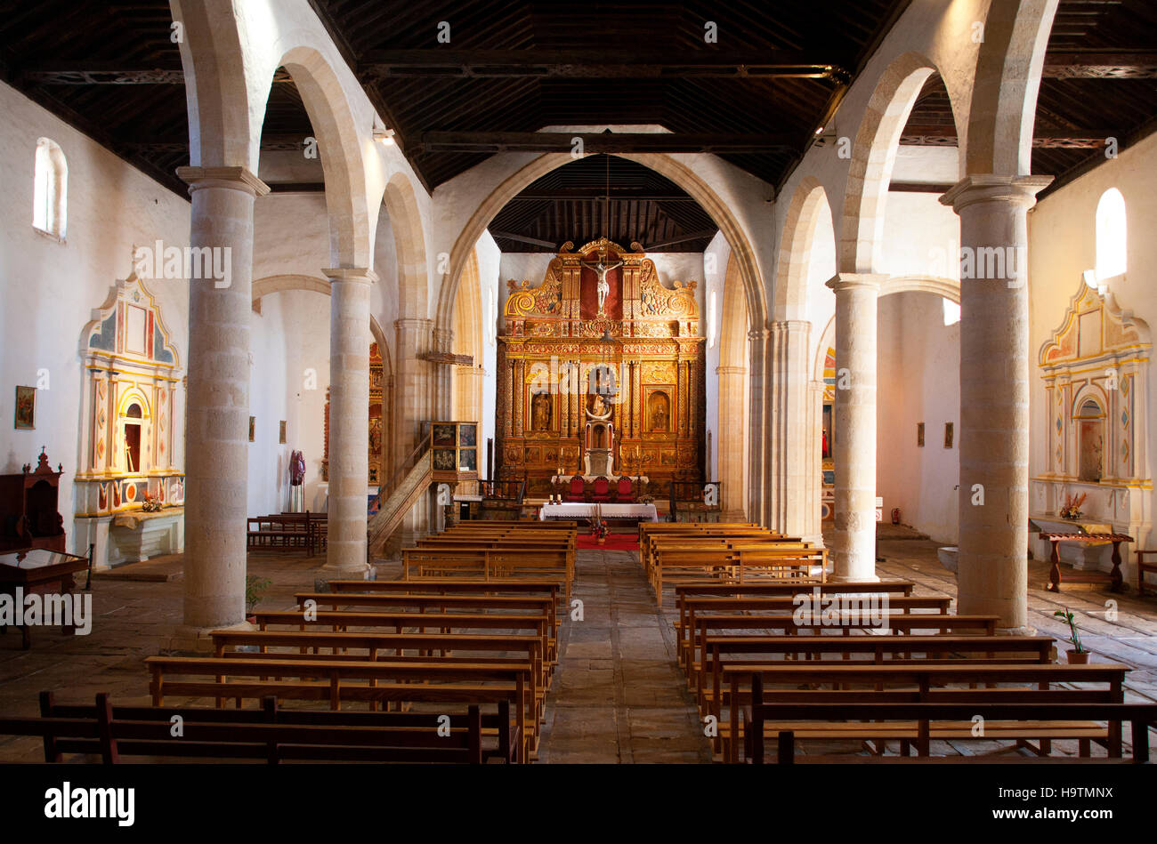 Interior, Baroque high altar, Cathedral of Santa Maria de Betancuria, Betancuria, Fuerteventura, Canary Islands, Spain Stock Photo