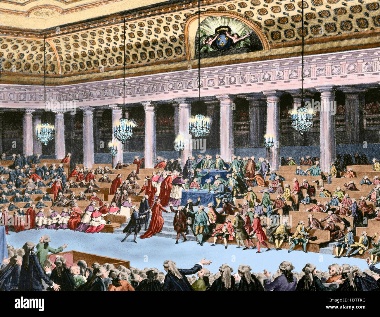 French Revolution (1789-1799). National Assembly on 4 and 5 August, 1789. Engraving of the time. Colored. Stock Photo