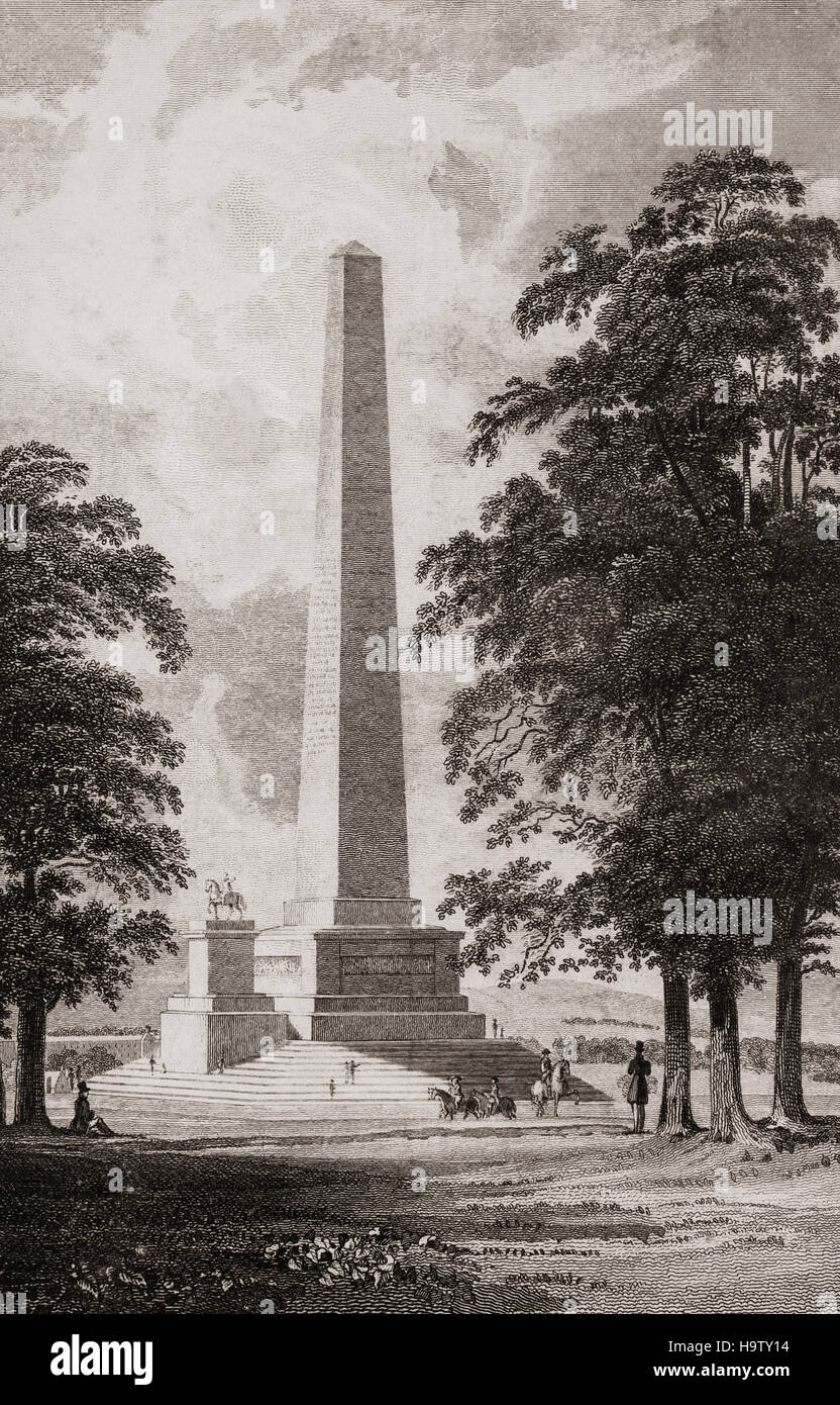 19th Century view of the Wellington Monument in Phoenix Park, Dublin City, Ireland. The obelisk was designed by the architect Sir Robert Smirke and the foundation stone was laid in 1817. In 1820 it ran out of construction funds and therefore remained unfinished until 18 June 1861 when it was opened to the public. There were also plans for a statue of Wellesley on horseback but it was never completed. Stock Photo