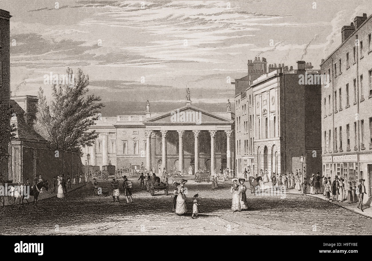 19th Century view of the Irish House of Lords entrance to the Parliament House from College Street.  It served as the seat of the Irish Parliament of the Kingdom of Ireland for most of the 18th century until that parliament was abolished by the Act of Union of 1800, when Ireland became part of the United Kingdom of Great Britain and Ireland, The building is now the Bank of Ireland and the street is called College Green. Dublin City, Ireland Stock Photo