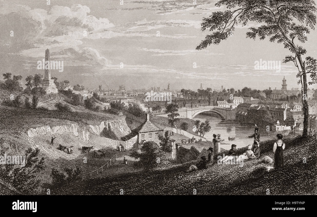 19th Century view of the Phoenix Park showing the Wellington Monument and Island Bridge (prev. Sarah's Bridge) over the River Liffey, Dublin City, Ireland Stock Photo