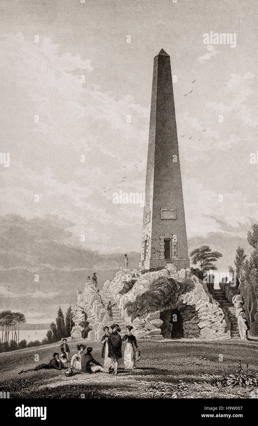 19th Century view of the Obelisk in Newtown Park, Stillorgan. The Obelisk was built in 1727 at the instigation of Lord Allen, probably to provide local employment that year. It may also have been built as a monument to Lady Allen, although she was not buried there. The obelisk measures one hundred feet in height and is made of granite. Edward Lovett Pearce took his inspiration from an obelisk by Bernini, located in Rome.  Stillorgan, County Dublin, Ireland Stock Photo