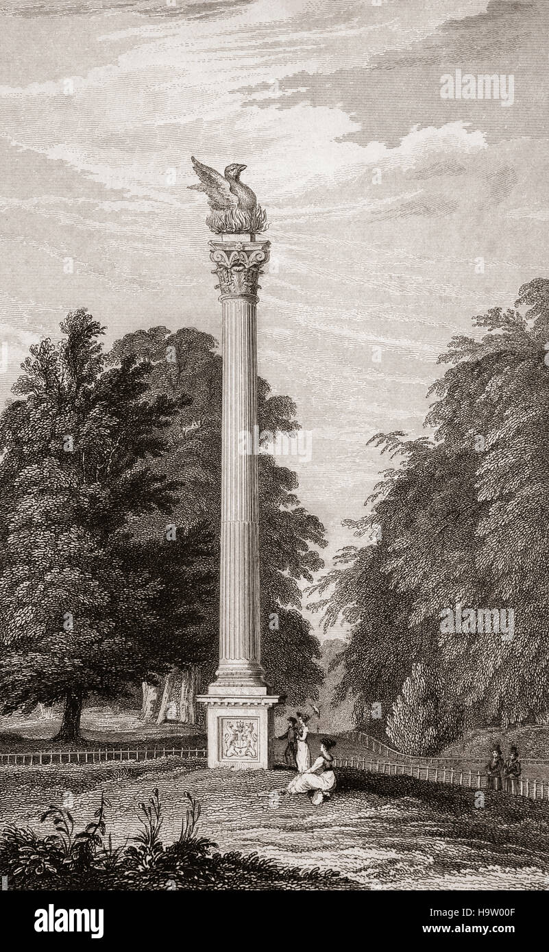 19th Century view of the  Corinthian column with a Phoenix rising from the ashes at its pinnacle. Constructed and made in 1662, it was erected by Lord Chesterfield in 1747. The Phoenix Pillar or monument  is now a focal point of a large roundabout on the beautiful tree-lined Chesterfield Avenue in Phoenix Park,Dublin City, Ireland. Stock Photo