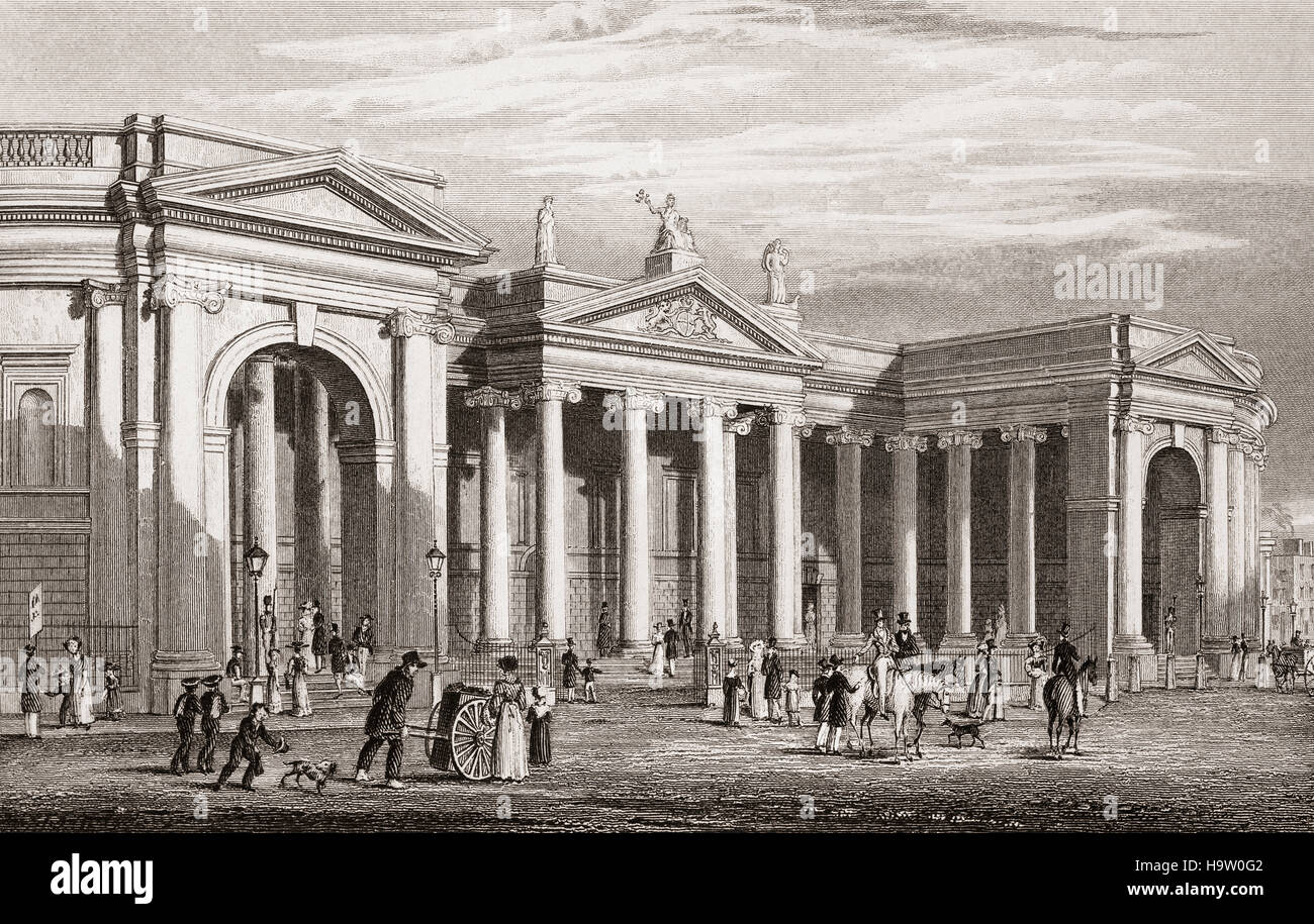 19th Century view of the South Portico of the Bank of Ireland in Dame Street, Dublin City, Ireland Stock Photo