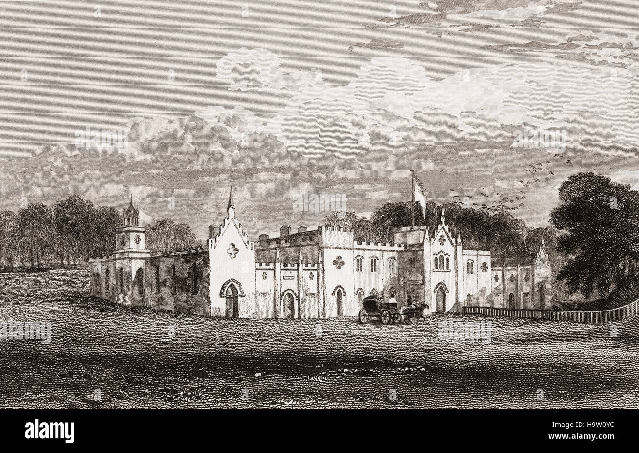 19th Century view of Jenkinstown Castle, Ballyragget, County Kilkenny,  an early 19th century house in 'pasteboard Gothic', following the traditional Palladian plan of a centre block joined to wings by  single-storey links. The house was built for Major George Bryan to the design of William Robertson.Ireland Stock Photo