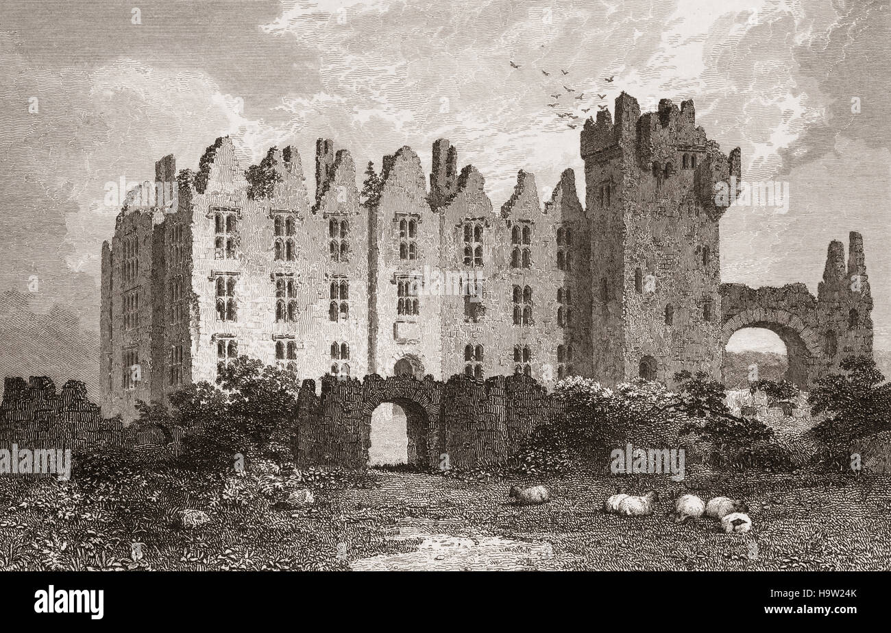 19th Century view of Inchmore Castle situated on the River Nore, about four miles from Kilkenny City. It was erected by Robert Grace, the Baron of Courtstown, and Member of Parliament for the County, who died in  1640.  County Kilkenny, Ireland Stock Photo