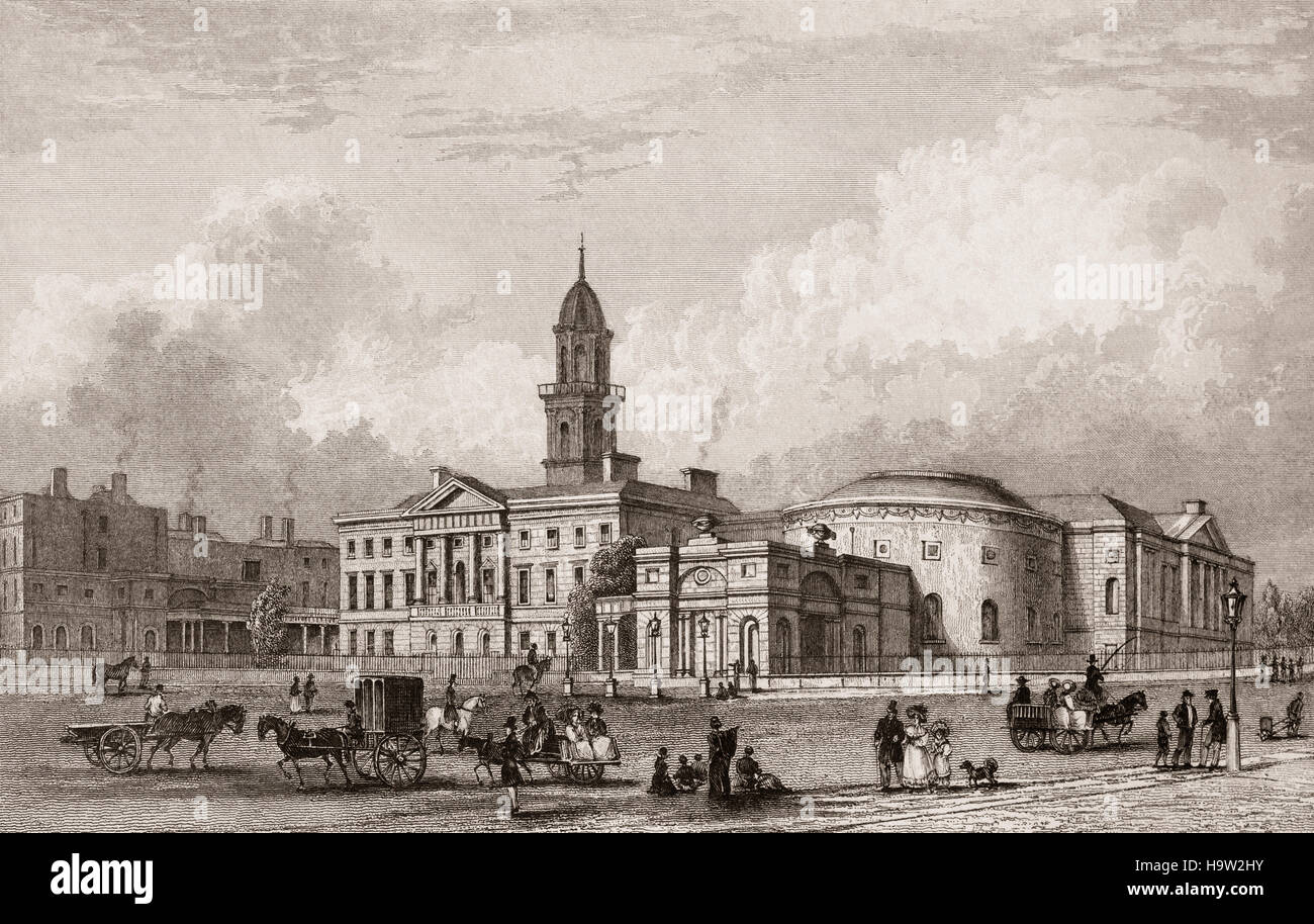 19th Century view of 'The Lying-In Hospital', founded in 1745 by Bartholomew Mosse, surgeon and man-midwife. The  maternity training hospital, is now referred to as The Rotunda, Parnell Square, Dublin City, Ireland Stock Photo