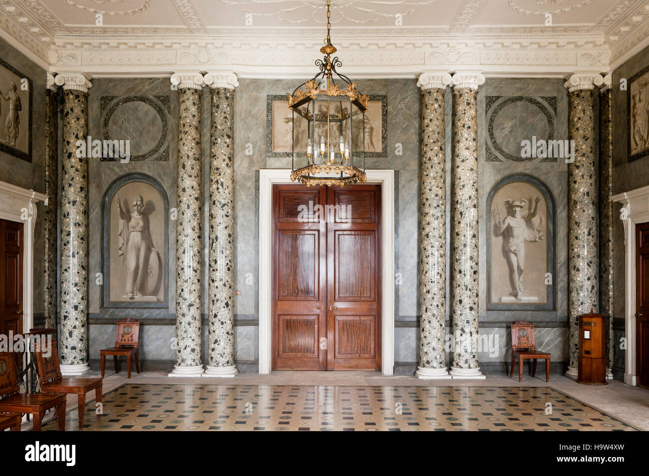 The Entrance Hall at Attingham Park, Shropshire. The room was designed by George Steuart for Lord Berwick in the late eighteenth century. Stock Photo