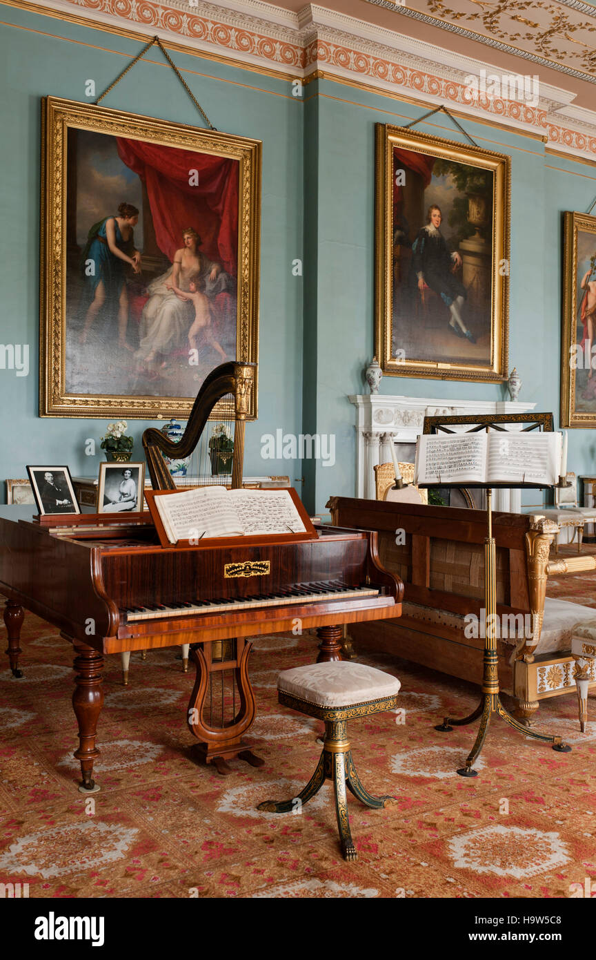 The pianoforte in the Drawing Room at Attingham Park, Shropshire. The pianoforte is by Collard & Collard, 1836. The room was designed in the 1780s, bu Stock Photo