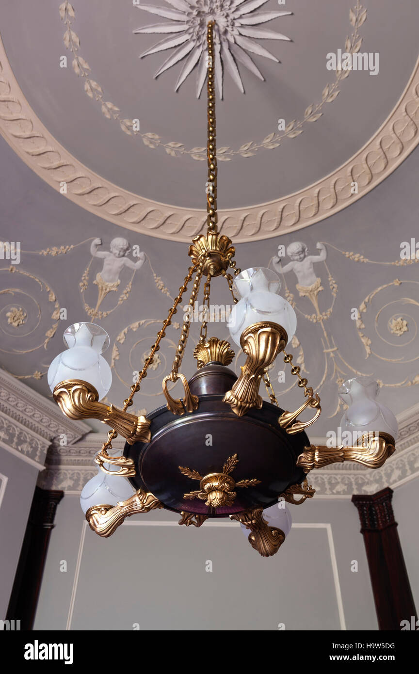 The chandelier and ceiling in the Octagon at Attingham Park, Shropshire. Stock Photo