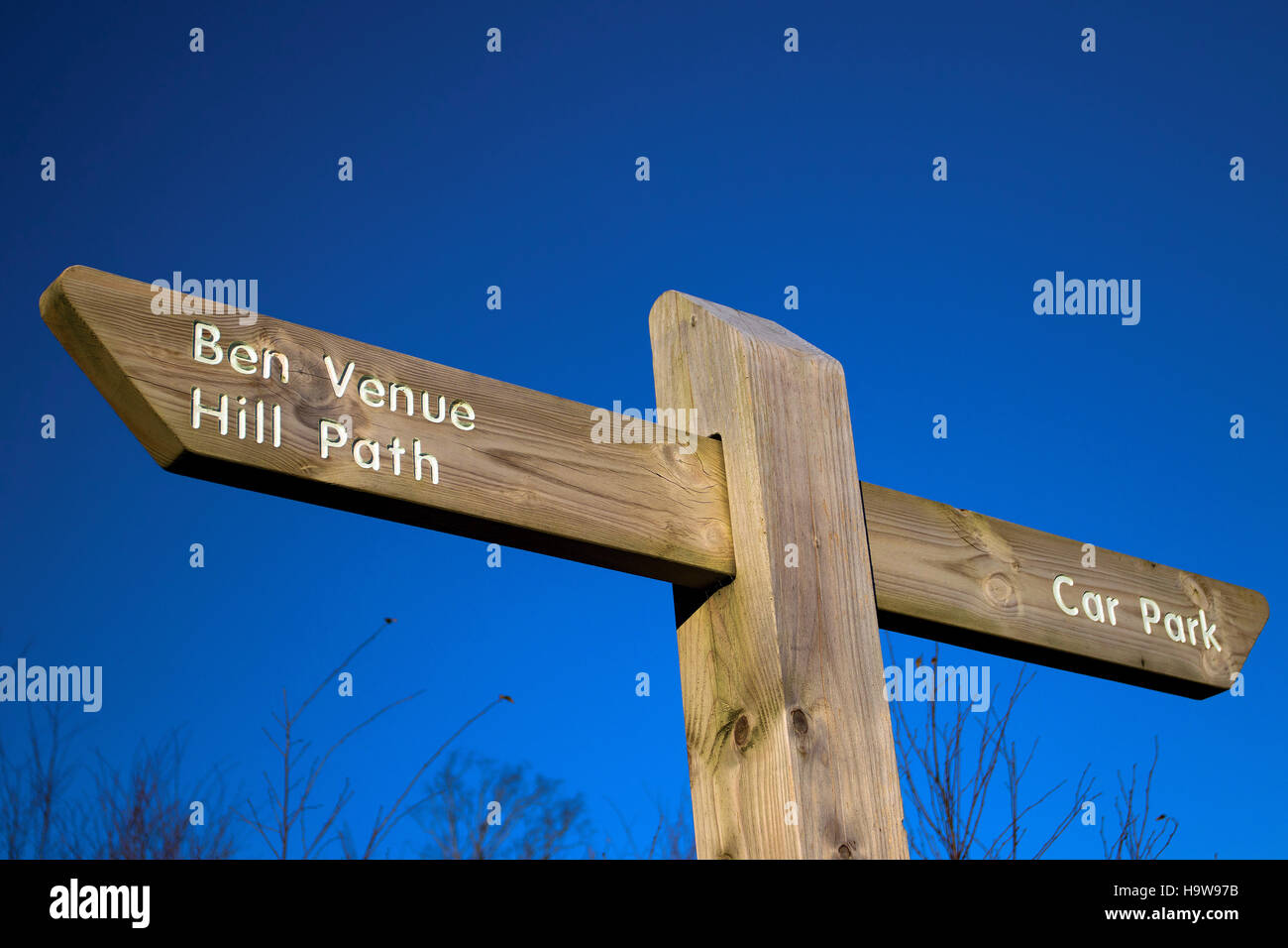 Ben Venue sign, Southern Highlands, Loch Lomond and the Trossachs National Park, Stirlingshire Stock Photo