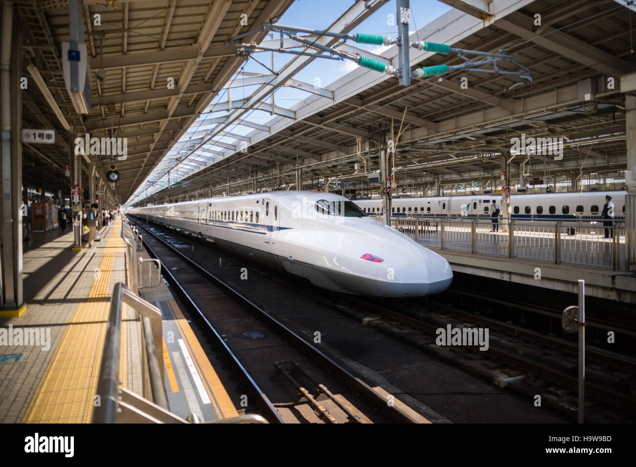 Shinkansen, bullet train, train arriving at the Shin Osaka Station in Osaka, Japan Stock Photo