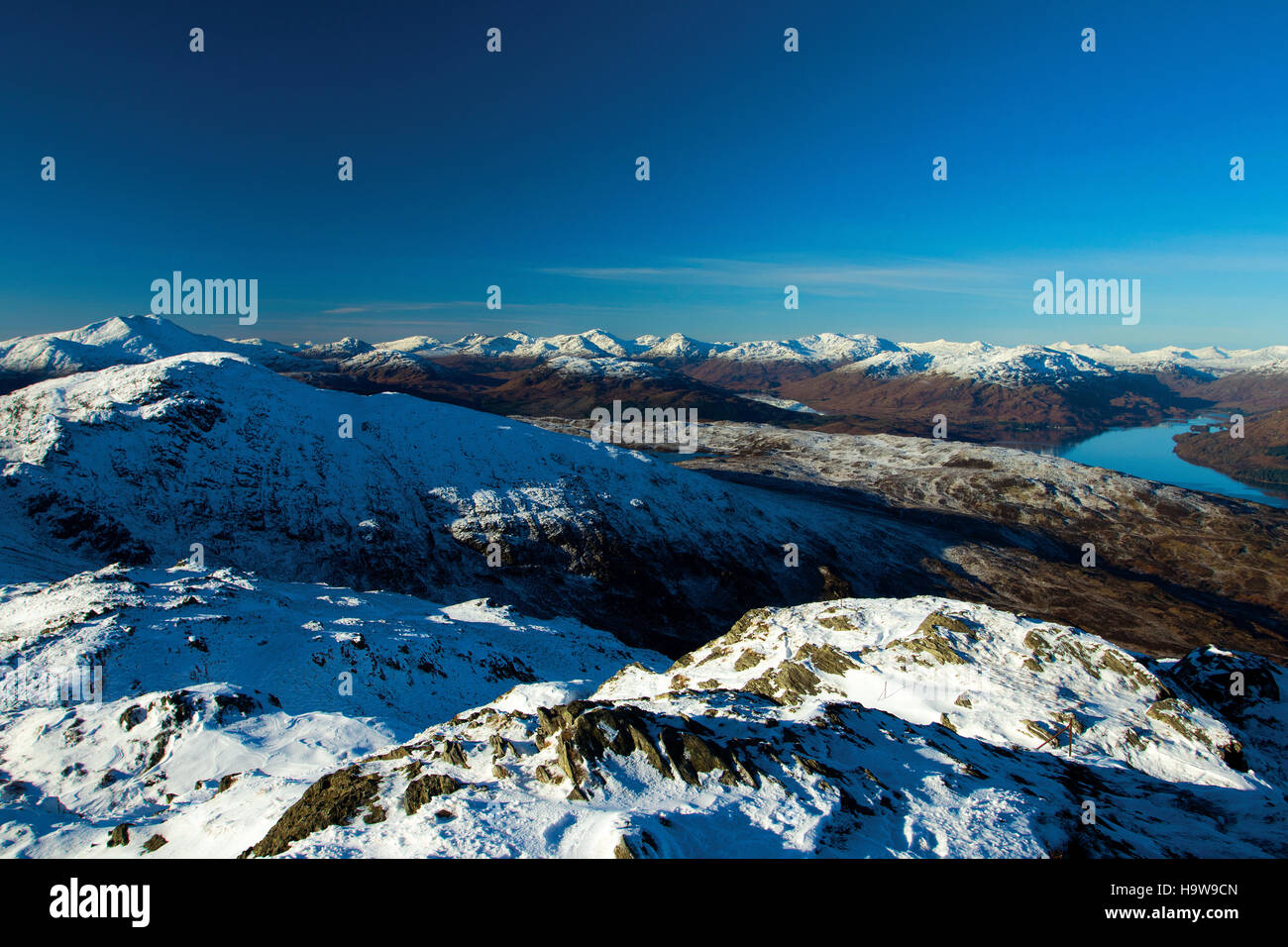 Ben Lomond and the Arrochar Alps from Ben Venue, Southern Highlands, Loch Lomond and the Trossachs National Park, Stirlingshire Stock Photo