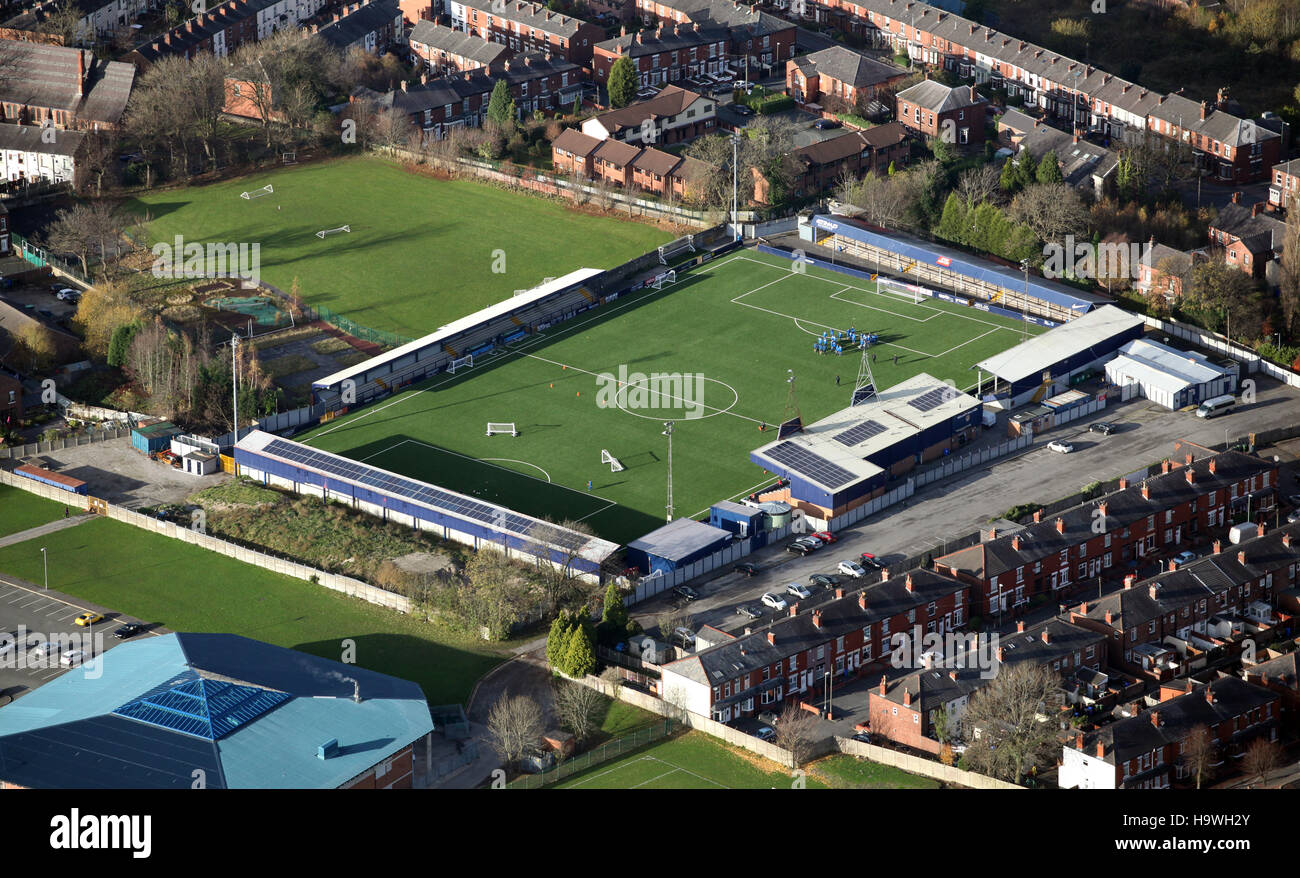 aerial view of Hyde United Football Club, Ewen Fields Stadium, Cheshire, UK Stock Photo