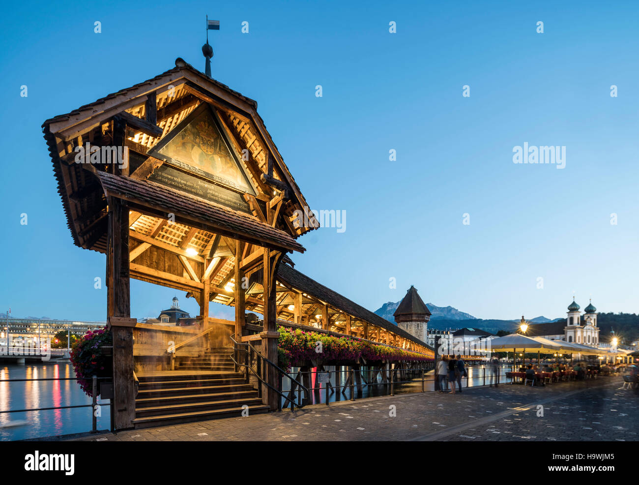 world heritage Chapel Bridge  at dusk, Lucerne, Switzerland Stock Photo