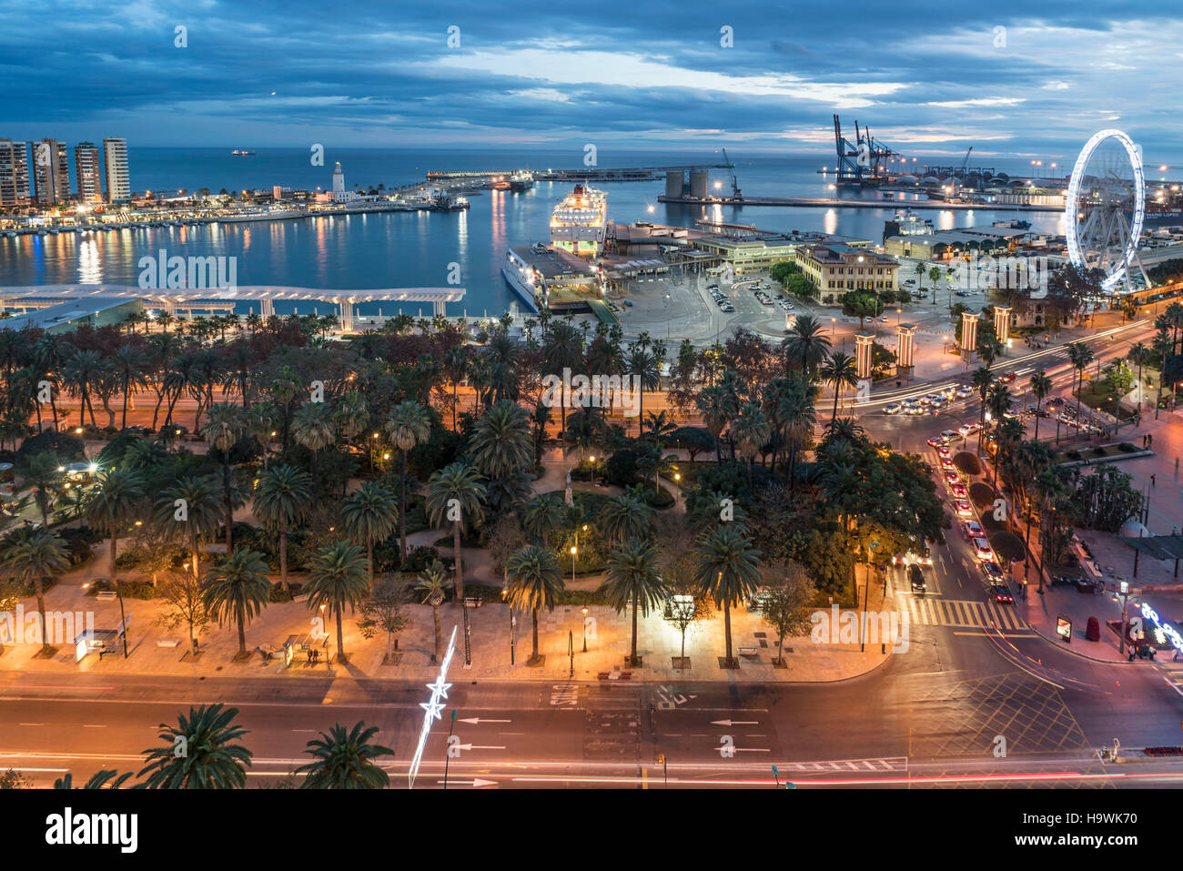 panoramic view view from AC Hotel Malaga Palacio, Promenade, Paseo Parque,  lighthouse, port,  Malaga Andalusia, Spain Stock Photo