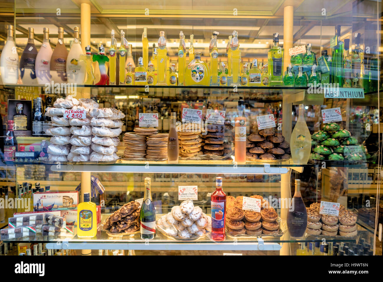 Shop Window, typical italian products, Sweets, Limoncello, Absinth